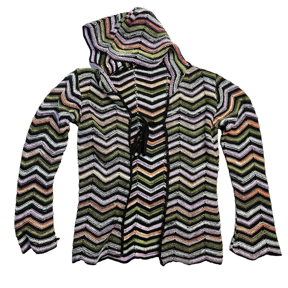 VTG Y2K Open Cardigan Knit Sweater Hooded Rainbow Zigzag Chevron Unbranded Small